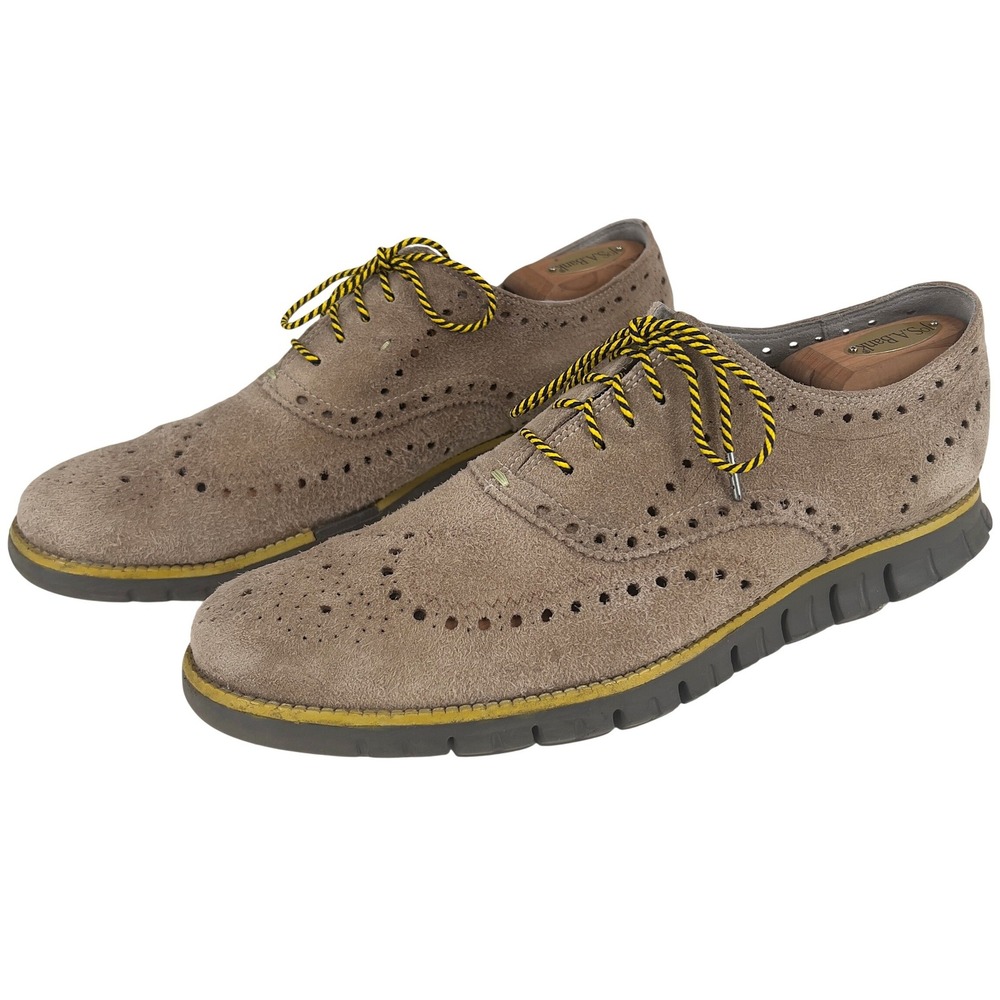 Cole Haan Mens Zerogrand Wingtip Oxford Tan Suede Brogue Yellow Laces 12